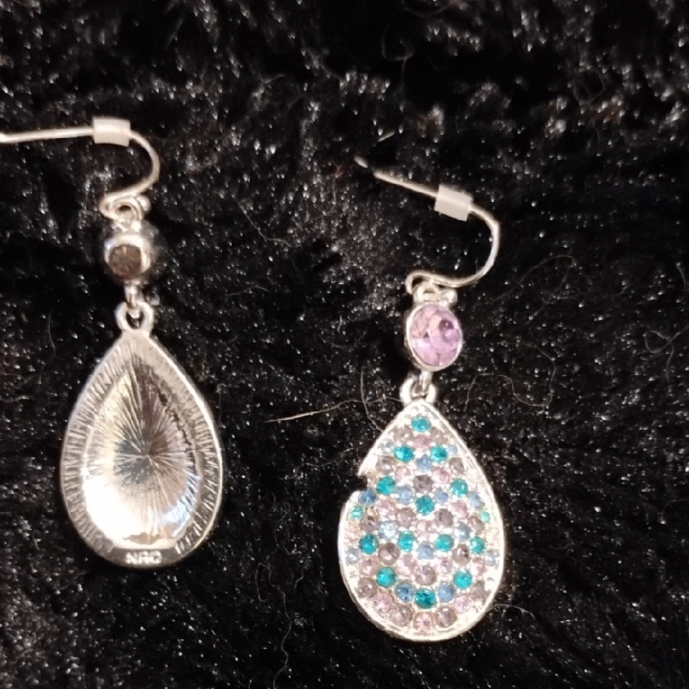 Avon Silver Teardrop Earrings with Blue and Purple Accents
